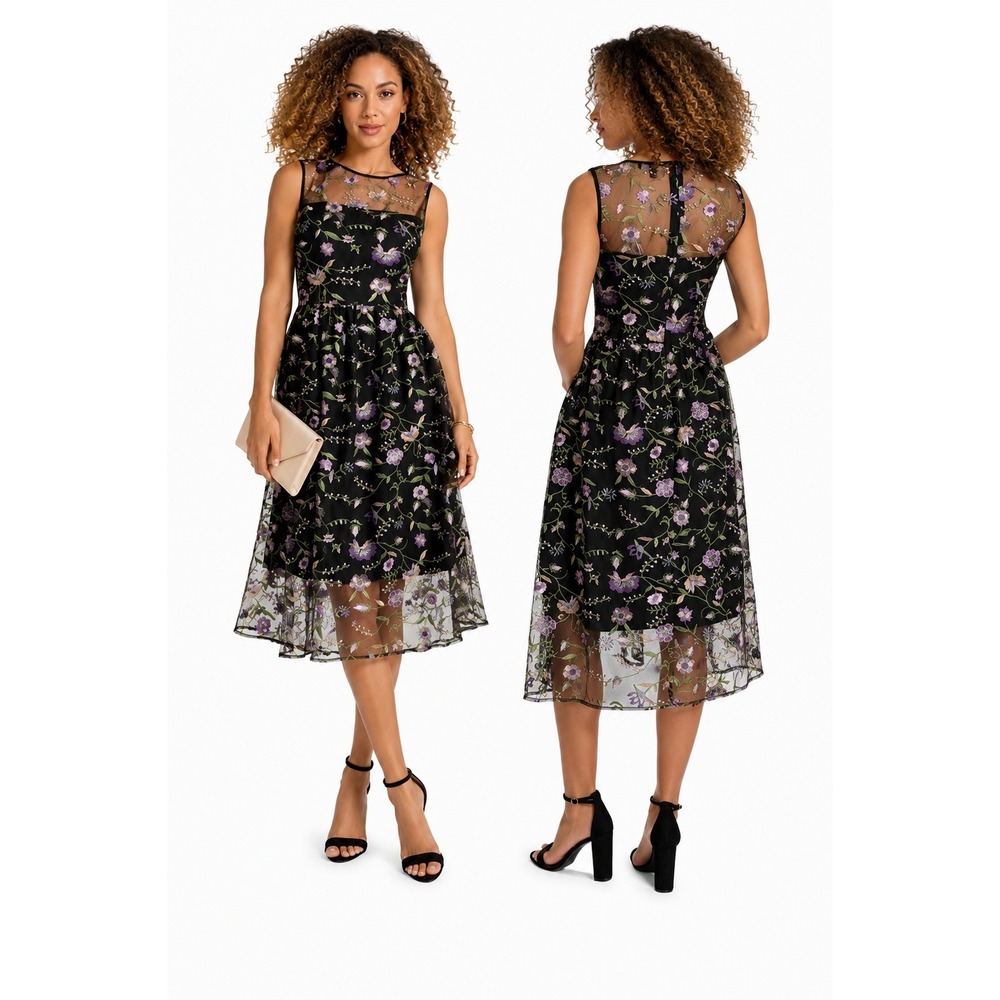 Women's Dress by Kensie Floral Mesh Midi Black Purple Size 2 New With Tags